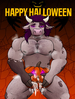 anthro biped bodily_fluids body_hair chest_hair cum genital_fluids glowing glowing_eyes hairy half-closed_eyes holidays hypnosis jack-o'-lantern male male_anthro mind_control muscular muscular_anthro muscular_male musk narrowed_eyes nipples nude pecs ringed_eyes saliva smile solo sweat text violet_raven halloween raven_(violet_raven) bovid bovine cattle mammal absurd_res english_text hi_res