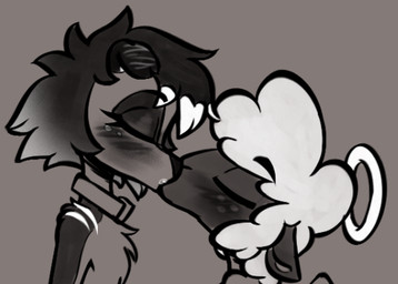 black_body black_fur blush chest_tuft clothing eyelashes eyes_closed freckled_face freckles fur glistening_eyelids halo kissing long_eyelashes size_difference tail tuft wings soulcentinel hellaverse helluva_boss mythology collin_(helluva_boss) molly_(violetechoes) angel bovid canid canid_demon canine caprine cherub demon hellhound mammal mythological_canine mythological_creature sheep monochrome