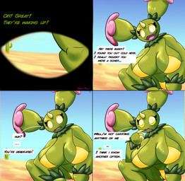1_horn anthro big_breasts bikini biped blue_sky breasts cactus claws clothed clothed_female clothing desert dialogue fangs female first_person_view flower_(anatomy) genitals green_body green_skin greeting_viewer horn leaning leaning_forward looking_at_viewer obscured_inner_labia plant pokemorph polygonal_speech_bubble proposition sand skimpy sky smile solo speech_bubble swimwear teeth text two-piece_swimsuit vulva waking_up yellow_bikini yellow_claws yellow_clothing yellow_eyes yellow_sclera yellow_swimwear blossonflower nintendo pokemon elemental_creature flora_fauna generation_5_pokemon maractus pokemon_(species) 2022 absurd_res artist_name comic digital_drawing_(artwork) digital_media_(artwork) english_text hi_res