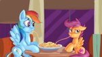 blue_body cutie_mark duo eating feathered_wings feathers female feral food furniture hair inside looking_away multicolored_hair orange_body pasta purple_eyes purple_hair rainbow_hair restaurant sitting spaghetti table wings young young_feral jbond friendship_is_magic hasbro my_little_pony mythology rainbow_dash_(mlp) scootaloo_(mlp) equid equine horse mammal mythological_creature mythological_equine pegasus pony 16:9 hi_res widescreen