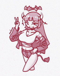 accessory bottomwear breasts cleavage clothed clothing crop_top cross denim denim_bottomwear denim_clothing denim_shorts fangs female furgonomics gesture hair hand_gesture horn horn_accessory jacket long_hair looking_at_viewer midriff pointed_tail shirt shorts simple_background solo spade_tail tail teeth topwear v_sign not_anim unnamed_character demon humanoid digital_drawing_(artwork) digital_media_(artwork) monochrome portrait three-quarter_portrait