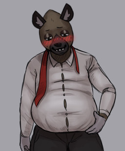anthro belly big_belly black_body black_fur black_spots blush bottomwear brown_body brown_fur button_(fastener) clothing collared_shirt dress_shirt fur grey_background grey_body grey_fur half-closed_eyes hand_on_belly male markings narrowed_eyes necktie overweight overweight_male pants shirt simple_background smile solo spots spotted_body spotted_fur straining_buttons tight_clothing topwear underbite sodiux aggretsuko sanrio haida_(aggretsuko) hyena mammal spotted_hyena 2025