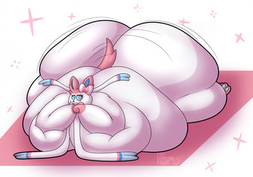 anthro belly big_belly big_breasts big_butt big_cheeks black_eyebrows black_nose blue_inner_ear blue_pawpads blue_sclera breast_squish breasts butt chubby_cheeks eyebrows eyelashes female huge_belly huge_breasts huge_butt huge_thighs hyper hyper_belly hyper_breasts hyper_butt hyper_thighs lying morbidly_obese morbidly_obese_anthro morbidly_obese_female motion_lines obese obese_anthro obese_female on_front overweight overweight_anthro overweight_female pawpads pink_ears pink_tail ribbons_(anatomy) simple_background smile solo squish tail text thick_thighs white_background white_body white_eyes fatdragonfruit nintendo pokemon eeveelution generation_6_pokemon pokemon_(species) sylveon 2026 artist_name colored digital_media_(artwork) hi_res shaded
