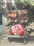 awning bag baguette bakery bench blue_door blue_eyes bread bread_loaf day detailed_background display_case door food leaf light light_beam outside paper_bag pink_body plant sitting smile solo sparkles sparkling_eyes store storefront sunbeam sunlight tree mutekyan kirby_(series) nintendo kirby 2022