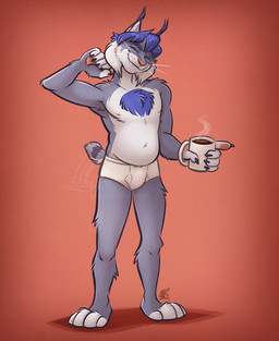 anthro belly blue_body blue_fur blue_hair body_hair briefs briefs_only chest_hair claws clothed clothing coffee_cup coffee_mug container cup ear_tuft eyes_closed fur grey_body grey_fur hair male markings monotone_briefs monotone_clothing monotone_underwear navel nipples simple_background smile solo stretching tail tail_markings tighty_whities topless topless_anthro topless_male tuft underwear underwear_only whiskers white_briefs white_clothing white_underwear nicnak044 maxwell_(maxwelllynx) felid feline lynx mammal 2025