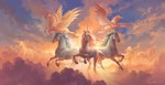 ambiguous_gender backlighting cloud day detailed_background feathered_wings feathers feral flying group hooves horn light looking_at_viewer outside pose running sky wings sandara mythology equid equine horse mammal mythological_creature mythological_equine pegasus unicorn 2022 digital_media_(artwork) lighting signature