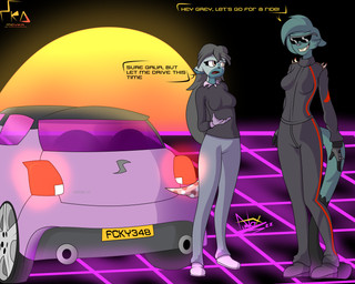 abstract_background anthro black_background black_nose blue_bottomwear blue_clothing blue_jeans blue_pants boots bottomwear car clothing denim denim_bottomwear denim_clothing dialogue duo eyewear female female/female footwear gloves green_body hair handwear jeans long_hair looking_at_another neon_lights pandacat pants pink_nose racing_suit shoes simple_background smile standing sunglasses synthwave text vehicle firenox1559 galia_(firenox1559) grey_(firenox1559) domestic_cat felid feline felis mammal 5:4 absurd_res english_text hi_res