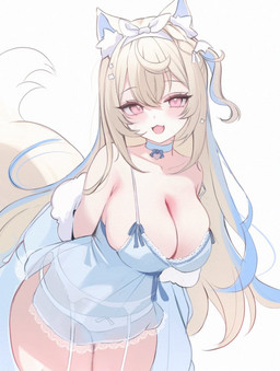big_breasts biped blonde_hair blue_clothing breasts cleavage clothed clothing eyelashes female garter_belt garter_straps hair looking_at_viewer open_mouth panties pink_eyes pupils simple_background smile solo translucent translucent_clothing underwear koahri hololive hololive_en vtuber fuwawa_abyssgard animal_humanoid canid canid_humanoid canine canine_humanoid humanoid mammal mammal_humanoid