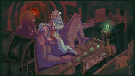 2_toes 3_fingers 5_fingers 5_toes anthro arthropod_abdomen arthropod_abdomen_genitalia backlighting bent_legs big_forearms big_hands blurred_background blurred_foreground bodily_fluids brown_hair claws compound_eyes detailed_background digitigrade dripping duo excessive_genital_fluids exoskeleton faceless_character faceless_male feet finger_claws fingers forearms frottage genital_fluids genitals green_body green_skin grinding hair hand_holding hand_on_head headpat heart_symbol highlights_(coloring) human_on_anthro interspecies larger_human larger_male larger_on_bottom leaking_precum light long_hair love lying male male/male male_anthro male_human motion_blur motion_lines muscular muscular_male on_back open_mouth organs penile penis penises_touching precum precum_drip precum_string red_body red_skin reflections saliva saliva_drip scar sex size_difference smaller_male smaller_on_top stomach submissive submissive_male subsurface_scattering tail thick_tail toe_claws toes vibrating skinnedteeth june_moss_(skinnedteeth) alien arthropod human insect mammal 16:9 absurd_res colored hi_res huge_filesize lighting shaded widescreen