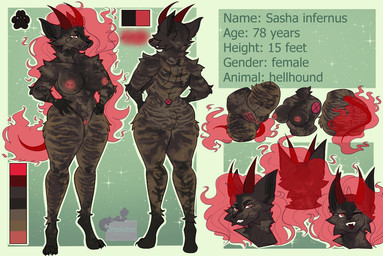 anthro anus arm_tuft big_breasts black_nose breasts cheek_tuft elbow_tuft facial_tuft female fire flaming_hair flaming_tail fluffy fluffy_shoulders genitals horn larger_female muscular muscular_female neck_tuft nipples pawpads paws pseudo_hair red_anus red_eyes red_nipples red_vulva size_difference solo tail text thick_thighs tuft vulva oreokitten707 mythology sasha_infernus canid canid_demon canine demon hellhound mammal mythological_canine mythological_creature english_text model_sheet