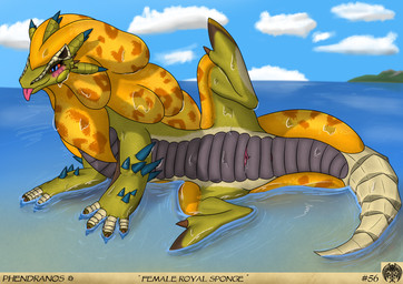 anus beach blep blue_eyes claws female feral finger_claws genitals partially_submerged presenting presenting_vulva red_sclera solo spread_legs spreading text toe_claws tongue tongue_out vulva water phendranos_(artist) capcom monster_hunter leviathan_(mh) ludroth absurd_res english_text hi_res