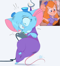 3_toes 4_fingers anthro arm_tuft bangs bar_emanata barefoot belly belt big_ears big_eyes biped black_emanata black_eyebrows black_whiskers blue_body blue_ears blue_eyes blue_eyewear blue_freckles blue_fur blue_goggles blue_hair blue_lens blue_text blue_tuft bottom_heavy bottomwear breasts buckteeth butt cheek_tuft clothed clothed_anthro clothed_female clothing controller cosplay dirty elbow_tuft emanata eye_through_hair eyebrow_through_hair eyebrows eyelashes eyelashes_through_hair eyewear eyewear_on_head facial_tuft feet female female_anthro fingers flash_emanata freckled_face freckles front_view fur fur_tuft furgonomic_bottomwear furgonomics glistening glistening_hair goggles goggles_on_head hair hook jumpsuit long_tail mechanic medium_breasts mouse_ears mouse_tail oil_stain on_one_leg overweight overweight_anthro overweight_female paws pear-shaped_figure pink_inner_ear pink_nose pink_tail popped_collar purple_belt purple_clothing purple_jumpsuit pushbutton shadow simple_background solo standing suspension tail teeth text thick_thighs thin_tail three-quarter_view toes translucent translucent_hair tuft whiskers white_background wide_hipped_anthro wide_hipped_female wide_hips wired_controller yellow_emanata silentjack chip_'n_dale_rescue_rangers disney gadget_hackwrench mia_mouse mammal mouse murid murine rodent 2025 artist_name english_description full-length_portrait hi_res portrait reference_image signature