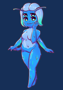 4_arms 4_eyes antennae_(anatomy) anthro blue_body blue_hair blue_skin breasts chibi dripping eyelashes female hair heart_eyes heart_symbol multi_arm multi_eye multi_limb navel pseudo_hair slightly_chubby smile solo tentacle_hair tentacles anonymous_artist unknown_species absurd_res alpha_channel hi_res