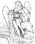 anthro bikini clothed clothing dancing feathered_wings feathers female gaming playing_video_game rhythm_game simple_background skimpy snout solo swimwear tail tight_clothing two-piece_swimsuit white_background wings manawolf bemani dance_dance_revolution konami canid canine canis mammal wolf black_and_white monochrome sketch