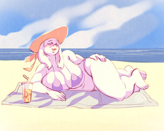 4_fingers 4_toes anthro arm_support bare_shoulders barefoot barely_contained barely_contained_breasts beach beach_towel bent_arm bent_leg beverage big_breasts bikini biped black_eyebrows blue_sky blush blushing_profusely bodily_fluids breast_squish breasts clothed clothed_anthro clothed_female clothing cloud container cup curved_eyebrows cute_fangs day drinking_glass drinking_straw ear_tuft eyebrows eyes_closed fangs feet female fingers floppy_ears fur fur_tuft glass glass_container glass_cup grey_towel hand_on_butt hand_on_own_butt hat headgear headwear huge_breasts humanoid_hands ice ice_cube leaning_on_elbow light_body light_fur logo lop_ears lying mature_anthro mature_female monotone_body monotone_breasts monotone_fur on_side on_towel open_mouth open_smile outside overweight overweight_anthro overweight_female pink_blush plantigrade purple_bikini purple_clothing purple_swimwear relaxing sand sea seaside skimpy skimpy_bikini skimpy_swimwear sky slightly_chubby slightly_chubby_anthro slightly_chubby_female smile snout solo squish summer sun_hat sweat sweaty_body swimwear teeth thick_thighs thin_eyebrows toes towel tuft two-piece_swimsuit water white_body white_breasts white_clouds white_ears white_fur wide_hips yellow_clothing yellow_hat yellow_headwear yellow_sun_hat darkriallet undertale undertale_(series) toriel boss_monster_(undertale) bovid caprine goat mammal 2024 artist_logo digital_drawing_(artwork) digital_media_(artwork) full-length_portrait hi_res portrait