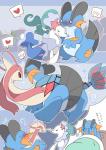 blush group heart_symbol open_mouth text azuma_minatsu nintendo pokemon generation_3_pokemon generation_7_pokemon milotic pokemon_(species) primarina swampert 2019 hi_res japanese_text translation_request