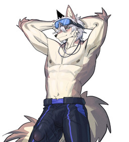 anthro athletic athletic_anthro athletic_male blush bulge clothed clothing detailed_bulge eyewear fluffy fluffy_tail fur genital_outline genitals goggles hands_behind_head humanoid_genitalia kemono male nipples penis_outline pointy_ears raised_arm simple_background solo swimming_goggles swimming_trunks swimwear tail tan_body tan_fur topless topless_anthro topless_male wet white_body white_fur mikusansuki0 canid canine canis mammal wolf hi_res