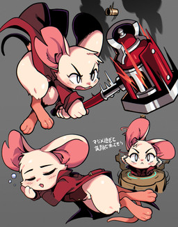 angry anthro barefoot bottomless bottomless_female buckteeth clothed clothing feet female fur grey_background hammer happy holding_hammer holding_object holding_tool open_mouth serious simple_background sleeping solo tail teeth text tools weapon white_body white_fur chaora lao_cia mina_the_hollower yacht_club_games mina_(mina_the_hollower) mammal mouse murid murine rodent 2026 hi_res japanese_text translation_request