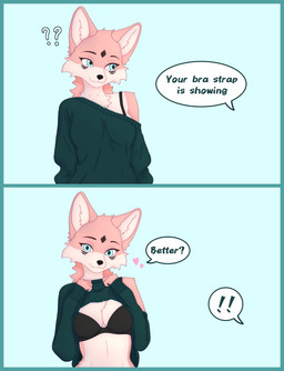 anthro bra breasts clothing female flashing flashing_breasts fur looking_at_viewer simple_background solo text underwear sukiarts suki_(sukiarts) canid canine fox fox_spirit mammal absurd_res digital_media_(artwork) hi_res