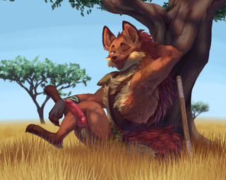 anthro balls cheek_tuft erection facial_tuft fluffy fluffy_tail fur genitals male one_eye_closed penis savanna sitting smile smiling_at_viewer solo tail teeth_showing tuft wink cawfulcrow afk_arena afk_journey lilith_games odie_(afk_journey) hyena mammal 5:4