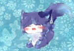 abstract_background ambiguous_gender blush chibi countershading daww feral floral_background fur kemono open_mouth open_smile purple_body purple_ears purple_fur smile solo white_body white_countershading young deaic canid canine mammal 2017 hi_res shaded