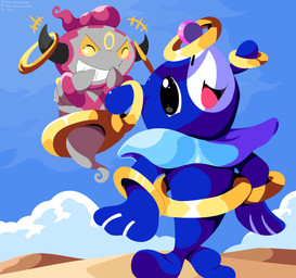 ambiguous_gender black_eyes blue_body blush cloud duo emanata eyes_closed fangs feral grey_body horn laugh looking_back markings open_mouth sky standing_on_tail tail teeth tongue toothy_grin whisker_markings yellow_sclera sleepy_sealion nintendo pokemon generation_6_pokemon generation_7_pokemon hoopa hoopa_(confined) humanoid legendary_pokemon pokemon_(species) popplio 2025 absurd_res dated hi_res signature