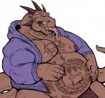 anthro belly biceps big_belly bodily_fluids clothed clothing drool_on_body drool_on_chest drooling excessive_drooling genitals hoodie horn huge_belly hyper hyper_belly long_tongue looking_at_viewer male mostly_nude musclegut muscular muscular_anthro muscular_male nipple_piercing nipples obese obese_anthro obese_male open_clothing open_hoodie open_topwear overweight overweight_anthro overweight_male pecs penis piercing saliva simple_background snout solo tail tattoo tongue topwear white_background dramamine mythology segremores dragon mythological_creature mythological_scalie scalie