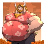 anthro beard belly big_belly blonde_hair bottomwear chest_tuft clothing facial_hair floral_print flower fur hair hand_on_own_belly horn male overweight overweight_anthro overweight_male pants pink_clothing pink_shirt pink_topwear plant shirt solo topwear tuft white_body white_fur racesolar undertale_(series) asgore_dreemurr boss_monster_(undertale) bovid caprine goat mammal 1:1 absurd_res hi_res