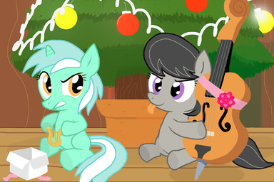 black_hair bowed_string_instrument cello detailed_background duo female feral gift hair harp holidays horn long_hair musical_instrument plucked_string_instrument short_hair string_instrument tail toony young young_feral shutterflye christmas friendship_is_magic hasbro my_little_pony mythology lyra_heartstrings_(mlp) octavia_(mlp) earth_pony equid equine horse mammal mythological_creature mythological_equine pony unicorn