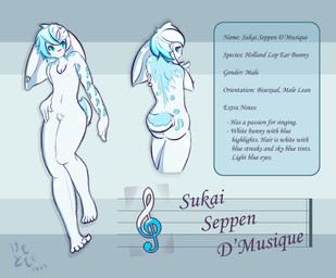 animal_genitalia anthro balls barely_visible_balls barely_visible_genitalia big_ears biped blue_eyes body_art chest_fur fully_sheathed fur genitals male male_anthro musical_note musical_symbol sheath smile solo symbol text kemotobi domestic_rabbit holland_lop lagomorph leporid lop_rabbit mammal oryctolagus rabbit 2013 english_text model_sheet