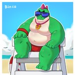 anthro beach belly clothing eyewear green_body lifeguard male overweight overweight_anthro overweight_male red_clothing seaside solo sunglasses swimwear water whistle_(object) whistle_around_neck binca_233 brawl_stars supercell_(company) buzz_(brawl_stars) dinosaur prehistoric_species reptile scalie 1:1 hi_res