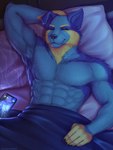 abs anthro arm_tuft bed bedding bedroom biceps black_claws blonde_eyebrows blue_bedding blue_body blue_ears blue_fur blue_inner_ear blue_inner_ear_fluff blue_nose cellphone cheek_tuft chest_tuft claws electronics eyebrows eyes_closed facial_tuft fangs finger_claws floppy_ears front_view fur furniture glistening glistening_nose hand_behind_head inner_ear_fluff inside male muscular muscular_anthro muscular_male nude pecs phone pillow shoulder_tuft smartphone solo teeth triceps tuft white_pillow yellow_body yellow_fingers yellow_fur clockhands sai_(cyphrus9) canid canine canis domestic_dog mammal artist_name