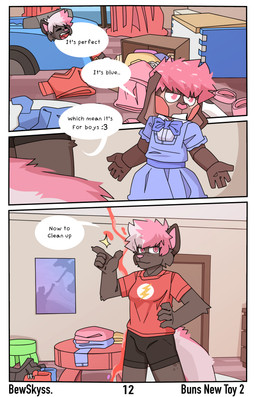 ageplay anthro arm_tuft blue_clothing blue_dress brown_body brown_fur clothed clothing dialogue doll dress dress_up elbow_tuft facial_tuft female freckled_face freckled_legs freckled_thighs freckles fur hair idea infantilism male male/female pink_hair red_clothing red_shirt red_topwear roleplay shirt text topwear toy tuft bewskyss canid canine mammal absurd_res comic english_text hi_res