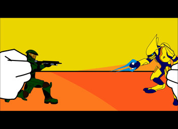 anthro armor belly black_body black_fur black_nose blue_body blue_fur clothing dialogue duo figurine fur gloves gun handwear holding_gun holding_object holding_ranged_weapon holding_toy holding_weapon kneeling looking_at_another looking_at_viewer male male_anthro multicolored_body multicolored_fur playing ranged_weapon red_eyes smile tan_arms tan_belly tan_face teeth text toy weapon white_body white_clothing white_fur white_gloves white_handwear thewax70 halo_(series) microsoft sega sonic_the_hedgehog_(series) xbox_game_studios master_chief shadow_the_hedgehog sonic_the_hedgehog eulipotyphlan hedgehog mammal 2005 2d_animation animated crossover english_audio letterbox short_playtime sound video voice_acted