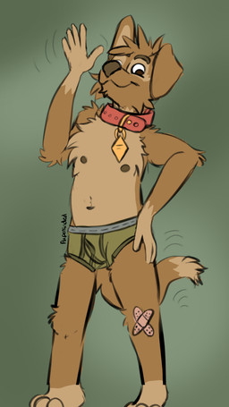 anthro bandage barefoot black_text briefs briefs_only brown_nose clothed clothing collar detailed_background feet gradient_background green_background green_briefs green_clothing green_underwear grey_waistband hand_on_leg hand_on_thigh male motion_lines navel nipples simple_background smile solo text topless topless_anthro topless_male underwear underwear_only waving_hand pupminded matt_riskely canid canine canis domestic_dog mammal 9:16 hi_res signature