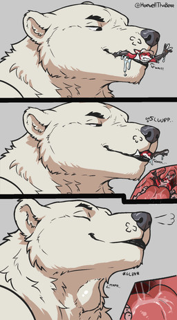 almost_fully_inside anthro bodily_fluids body_in_mouth breath duo feet_first fur internal internal_oral male male/male male_pred mawplay oral_vore partially_inside saliva saliva_covered size_difference slurping text uvula uvula_on_head vore white_body white_fur howellthabear bear canid canine fox mammal polar_bear ursine comic english_text hi_res