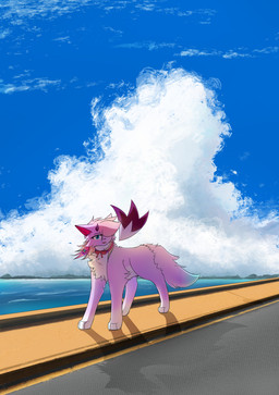 beach cloud female feral fur hair horn pink_body pink_fur pink_hair sea sky solo water white_chest wings ayaru_(artist) kira_(ayaru) domestic_cat felid feline felis mammal absurd_res hi_res