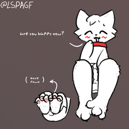 anthro bodily_fluids bulge claws clothing collar dialogue fur genital_fluids leaking_precum male pawpads paws precum precum_through_clothing precum_through_underwear solo text toe_claws underwear wet wet_clothing white_body white_fur lspagf boy_kisser_(meme) domestic_cat felid feline felis mammal 1:1 absurd_res hi_res meme