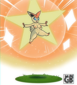 anthro blue_eyes blue_sclera breasts butt_wings cute_fangs eyelashes fangs female floating fur genitals lights open_mouth orange_body orange_fur shortstack shortstack_female smile solo sparkles speed_lines star teeth unusual_wing_placement vulva wings yellow_body yellow_fur terryeternity nintendo pokemon generation_5_pokemon legendary_pokemon mammal pokemon_(species) victini 2022 hi_res
