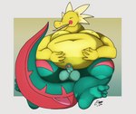 anthro balls belly belly_overhang big_balls big_belly big_moobs deep_navel erection eyes_closed feet foreskin genitals green_body holding_belly lifting_belly male moobs navel overweight overweight_anthro overweight_male penis pokemorph simple_background smile solo tail thick_tail thick_thighs tongue tongue_out yellow_body krowbutt nintendo pokemon dinosaur dracozolt fossil_pokemon generation_8_pokemon pokemon_(species) prehistoric_species reptile scalie digital_media_(artwork)