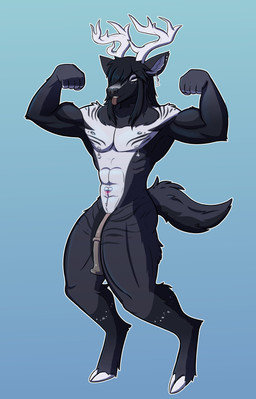 abs animal_genitalia animal_penis anthro antlers arm_tuft chest_tuft digitigrade ear_piercing equine_genitalia equine_penis flexing flexing_bicep flexing_both_biceps fluffy fluffy_tail genitals hooves horn male muscular muscular_anthro muscular_male neck_tuft nipple_piercing nipples penis piercing shoulder_tuft solo tail tattoo tongue tongue_out tuft mara_the_ravenous deer mammal absurd_res hi_res
