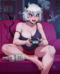 alcohol arms_bent barefoot bent_legs beverage big_breasts black_horn blush bottle breasts cleavage clothed clothing colored_nails colored_toenails container controller duo eating feet female game_controller gaming hair holding_controller holding_game_controller holding_object horn humanoid_feet inside leg_over_edge light_switch long_hair nails not_furry open_mouth over_edge plantigrade playing_video_game playstation_controller red_eyes simple_background sitting spade_tail tail toenails toes white_body white_hair white_horn white_skin wireless_controller sciamano240 dualsense helltaker playstation playstation_5 sony_corporation sony_interactive_entertainment lucifer_(helltaker) malina_(helltaker) demon demon_humanoid humanoid mammal tailed_humanoid hi_res