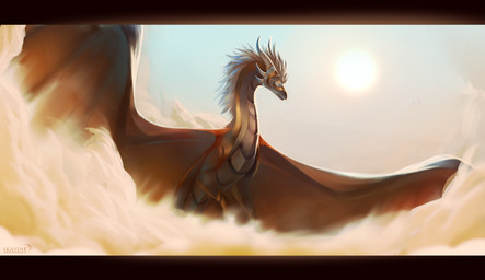 ambiguous_gender black_bars day detailed_background fantasy feral hair horn light membrane_(anatomy) membranous_wings multi_horn outside scales sky snout solo spread_wings sun ventral_scales wings yellow_eyes skaydie european_mythology mythology dragon mythological_creature mythological_scalie scalie western_dragon 2019 half-length_portrait hi_res letterbox portrait