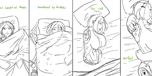 4_missing_limbs amputee bed bedding big_breasts biped blanket bodily_fluids breasts clothed clothing cuddling cybernetics detachable detachable_limbs disability duo female female_focus furniture hair human_only immobile lying machine missing_arm missing_leg navel not_furry on_back prosthetic prosthetic_limb quadruple_amputee short_hair skimpy sleeping solo_focus stump_socket sweat text aka6 x-com mec_trooper cyborg human mammal comic digital_media_(artwork) english_text hi_res monochrome