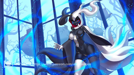 5_fingers anthro blue_eyes breasts clothed clothing eyebrows eyelashes female fingers legwear looking_at_viewer midriff navel panties patreon_logo patreon_username smile solo standing text thigh_highs underwear website_logo alanscampos patreon ghost spirit 16:9 2020 digital_media_(artwork) english_text hi_res url widescreen