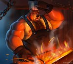 anthro apron beard blacksmith bodily_fluids body_hair chest_hair clothing facial_hair gloves handwear male muscular muscular_arms nipple_piercing nipples orange_body overweight overweight_anthro overweight_male piercing solo sweat teeth yellow_body shibadoodles bear humanoid mammal orc absurd_res hi_res