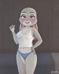 2019 anthro areola bedroom_eyes blush breasts camel_toe clothed clothing colored digital_media_(artwork) disney es74 eyelashes female fur grey_body grey_fur half-closed_eyes hand_on_hip hi_res judy_hopps lagomorph leporid looking_at_viewer mammal multicolored_body multicolored_fur narrowed_eyes navel nipples open_mouth panties purple_eyes rabbit seductive shirt simple_background smile solo standing tank_top teeth thick_thighs tongue topwear translucent translucent_clothing two_tone_body two_tone_fur underwear zootopia