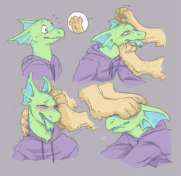 ambiguous_gender anthro blue_body blue_eyes blush blush_lines brown_body brown_fur clothing disembodied_foot duo ear_frill ears_back embarrassed feet fluffy_paws foot_fetish foot_on_face foot_on_head frill_(anatomy) fur green_body grey_background happy hoodie membrane_(anatomy) membranous_frill paws pivoted_ears purple_clothing purple_hoodie purple_topwear ringed_eyes sigh simple_background snaggle_tooth speech_bubble striped_body striped_tongue stripes tongue tongue_out topwear white_sclera matuska agamid frilled_lizard lagomorph leporid lizard mammal rabbit reptile scalie 2022 colored_sketch digital_drawing_(artwork) digital_media_(artwork) sketch