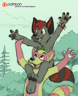 anthro arm_tuft black_nose carrying_another cheek_tuft chest_tuft duo elbow_tuft facial_tuft fangs front_view fur grey_body grey_fur grey_tail hair logo male markings nude on_shoulders open_mouth open_smile outside patreon_logo pink_body pink_fur pink_tail pink_tongue red_hair red_tail short_hair smile striped_markings striped_tail stripes tail tail_markings teeth text tongue tuft yellow_body yellow_fur yellow_tail young young_anthro young_male pandapaco patreon canid canine mammal procyonid raccoon artist_logo signature url