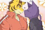 aged_up anthro clothing dress_shirt duo eyebrows flower hair heart_symbol kissing male male/male plant ponytail romantic romantic_couple shirt smile thick_eyebrows topwear touching_noses tracksuit paomer morenatsu shin_(morenatsu) torahiko_(morenatsu) domestic_cat felid feline felis mammal pantherine tiger